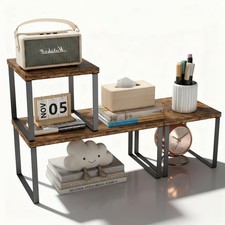 2Tier Wood Desktop Shelf Adjustable Bookshelf Organizer Rustic Brown