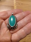 Native American Silver With Green Stone Pendant With Writing On Back — photo 1