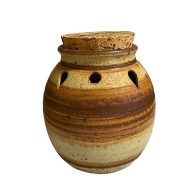 Handmade Brown Stripe Ceramic Garlic Jar Keeper with Large Cork Top 4.5'' x 4''