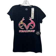 Realtree Camo Logo Short Sleeve Tshirt Womens Medium Black Pink New Hunting