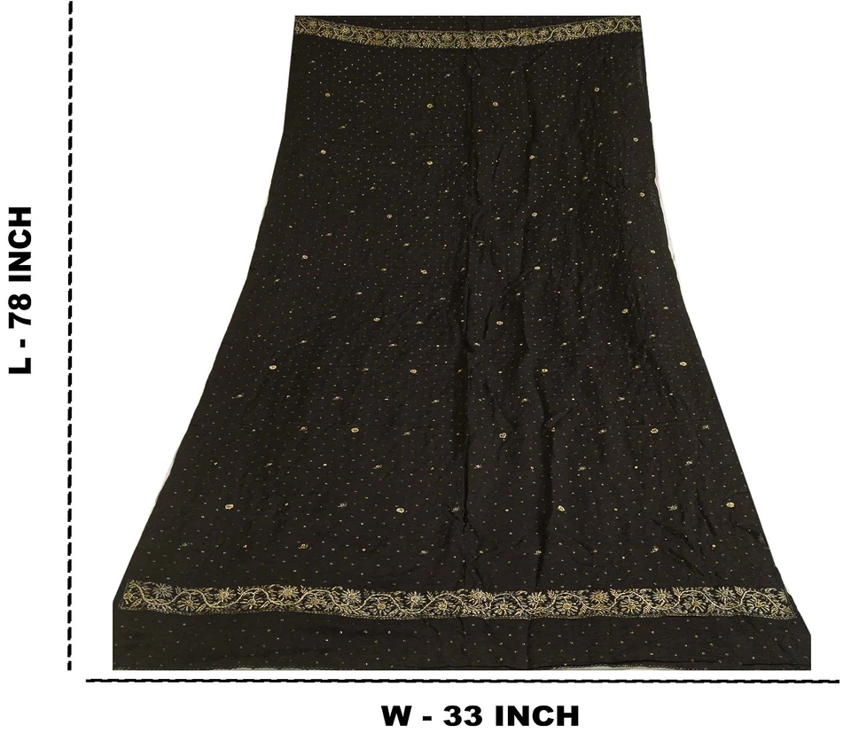Estola larga Dupatta Sanskriti vintage pura seda negra cuentas a mano brocado tejido Zari Foto 3 de 4