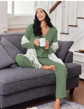 Womens Waffle Knit Pajamas Long Sleeve Lounge Set Button Up Pjs Loungewear with