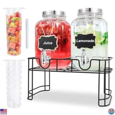 Set of 2 Gallon Glass Drink Dispensers with Fruit Infuser & Stand for Parties