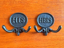 Set of His & Hers Towel Hooks Cast Iron Rustic Farmhouse Country Bathroom Decor