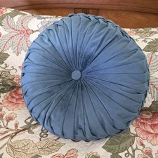 Xtra Large Blue Velvet Round Accent Tufted Pleated Braid Throw Pillow Bed Couch