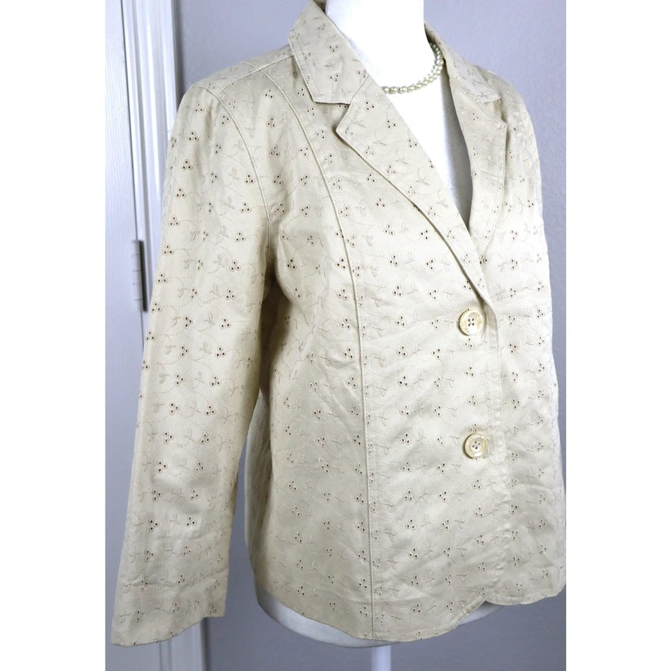 Chaqueta Blazer Vintage Studio Works Crema Mujer 12P Algodón Ojales Bordado Foto 4 de 4