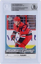 Haydn Fleury Hurricanes Signed 17-18 Upper Deck Young Guns #236 BAS Rookie Card. rookie card picture