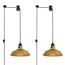 Set of 2 Plug in Pendant Light, Industrial Lift Pipe Pulley Ceiling Fixture R...