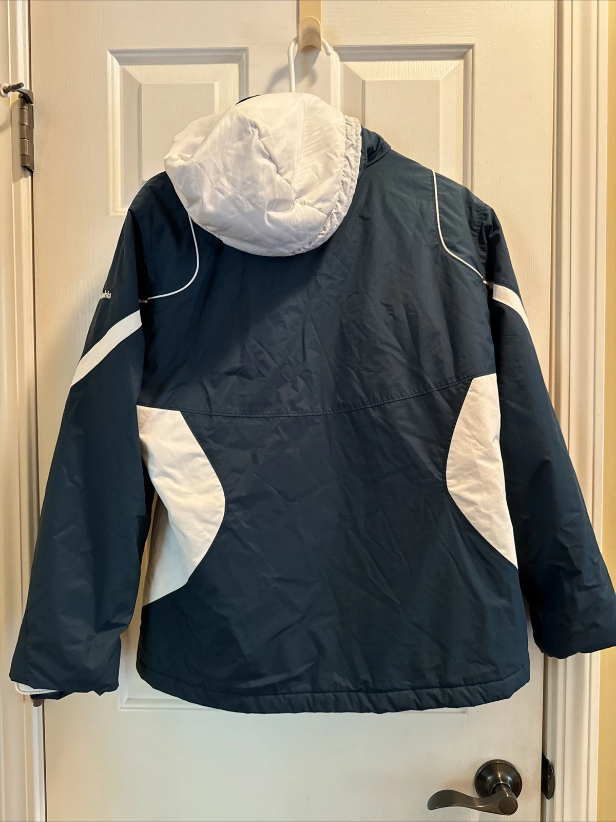 OFF WHITE Giacca donna Columbia vintage taglia L con cappuccio blu e bianco bianco sporco.