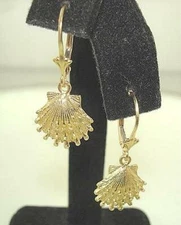 13MM SMALL HEAVY SOLID 14K YELLOW GOLD HAWAIIAN SCALLOP SHELL LEVERBACK EARRINGS