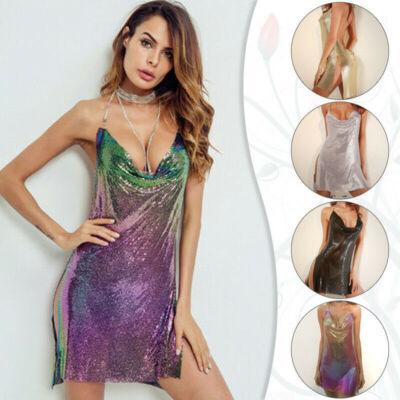 metal mesh halter dress Stunning Sequin Backless Crystal Neck Mini Gown Bling flyingsolo