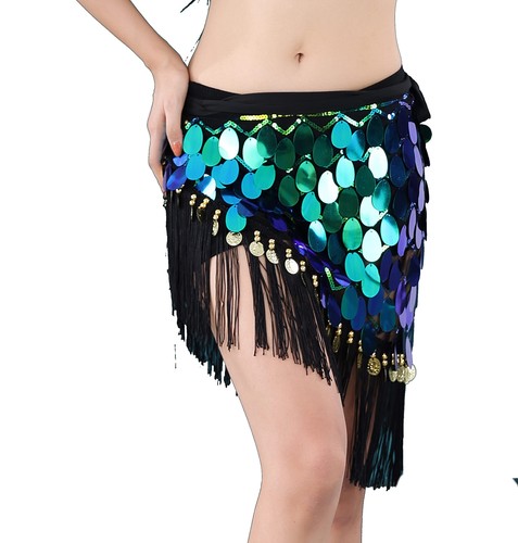 Sequin Belly Dance Hip Scarf Glitter Fringe Triangle Wrap Belt Sparkle Mermai...