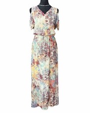 Nine West Colorful Floral Maxi Sun Dress Sz 10 Sheer Flutter Sleeve V Neck Boho