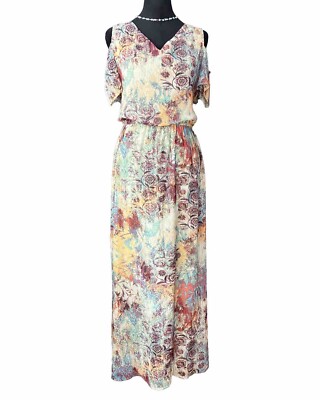 Nine West Colorful Floral Maxi Sun Dress Sz 10 Sheer Flutter Sleeve V Neck  Boho | eBay