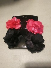 Satin Flower Hair Clips - Lot of 4 Barrettes 1 package - Black Pink Floral