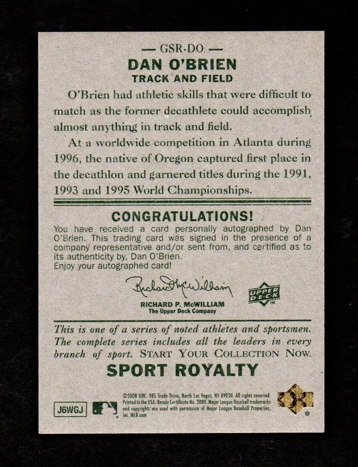 Autógrafo Goudey Sport Royalty Dan O'Brien 2008 decatlón olímpico de Estados Unidos Foto 2 de 2