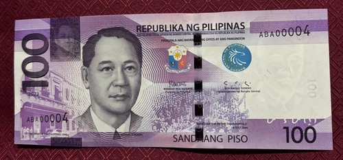 PHILIPPINES: 100 PESOS 2022 NGC DUTERTE - DIOKNO LOW SERIAL ABA00004 - UNC