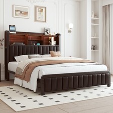 Full/Queen Upholstered Led Bed Frame with Wooden Bookcase and Charging Station