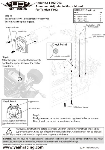 Yeah Racing Aluminum Adjustable Motor Mount Tamiya TT-02 TT-02B Car #TT02-013BU - 第 3/4 張圖片