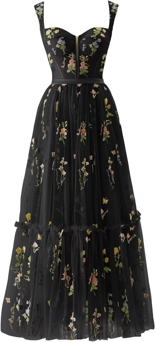 A-line Sleeveless Prom Dress Flower Embroidery Tulle Tea Length Formal Evening Party Gowns