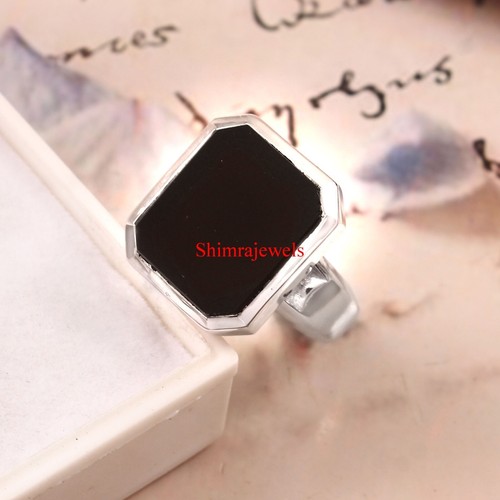 Natural Ónice Negro Piedra Con 18K Chapado en Oro Blanco Plata Hombres Anillo # - Imagen 10 de 11