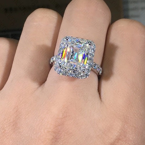 4.2Ctw Emerald Cut Moissanite Classic Halo Engagement Ring 14K White Gold Plated - Picture 10 of 17