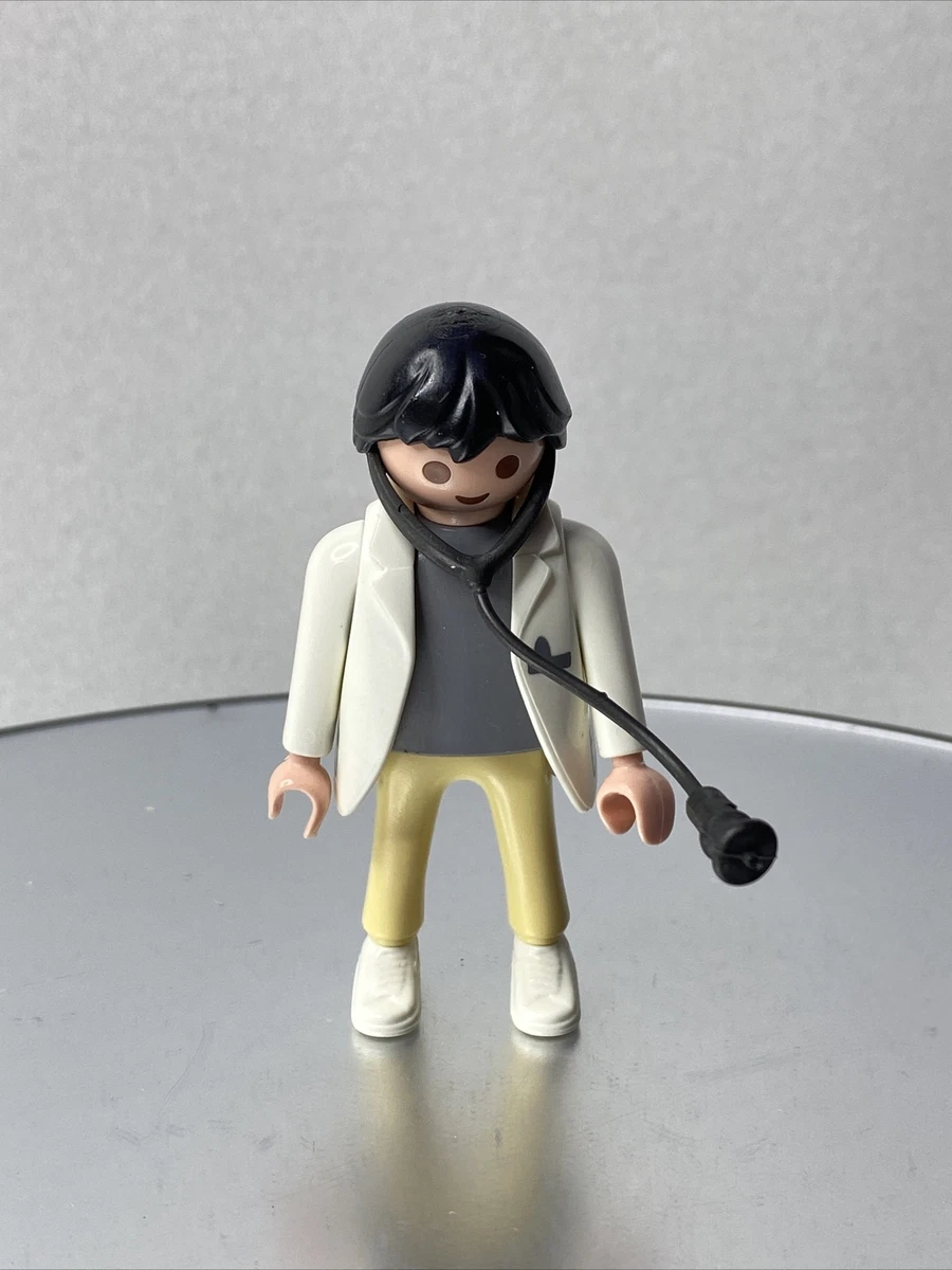 Playmobil Doctor White Coat Grey Shirt Yellow Pants Black Hair Modern Figure