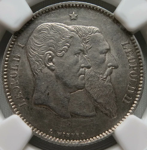 BELGIUM 1 Franc Frank 1880 NGC AU 55 UNC Independence Scarce Leopold Silver