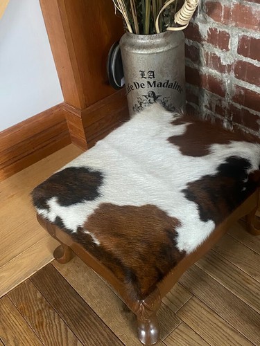 Vintage Ottoman Foot Stool Newly Reupholstered Genuine Cowhide 10" high - Picture 3 of 4
