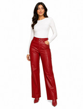 Women High Waisted Red Leather Pants, Retro Bell Bottom Trousers, Handmade Pants