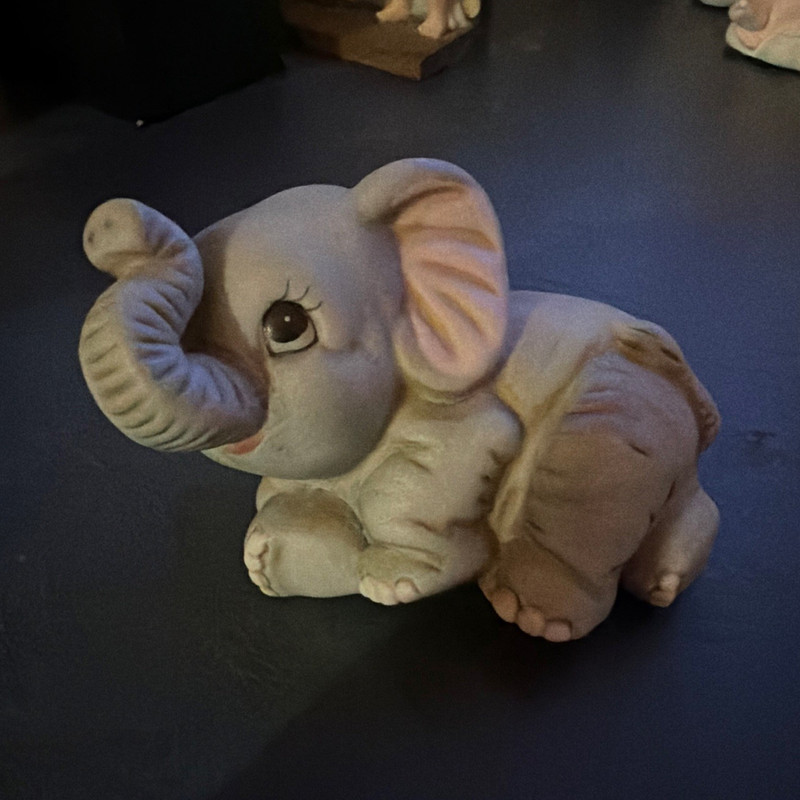 Small Baby Elephant Figurine Trunk Up Raised Trunk Gray with Pink Ears