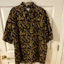Pierre Cardin Mens 2XL Black Beige Cotton Tropical Leaves Button-Up Short Sleeve