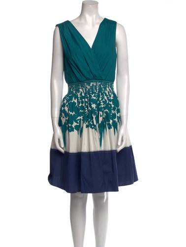 Prada 2015 Blue Printed V-Neck A-Line Knee-Length Dress - Size M US6 IT42