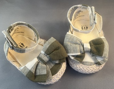 Baby Gap 6-12 Months Green Gingham Bow Espadrille Sandals Crib Shoes