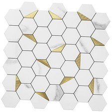 -Sheet Hexagon Tile Peel and Stick Backsplash, White 10 Marble White and Gold