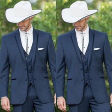 3 Pcs Men Suits Tuxedos Navy Blue Formal Blazers Pants Vest Cowboy Suits Jackets