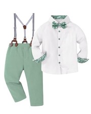 Boy Formal Suits Wedding Outfit Long Sleeve Button Down 5-6 Years White/Green