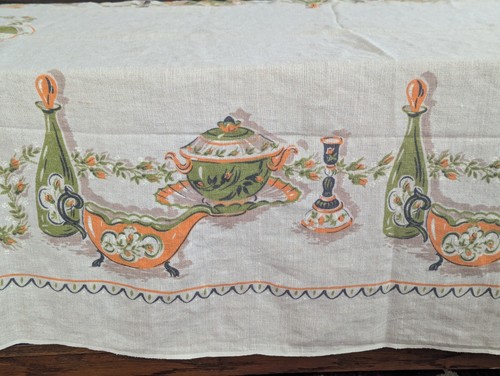 Vintage Leinen Tischdecke MCM Teekanne Orange Avocado Cottagecore Grandmacore - Bild 7 von 19