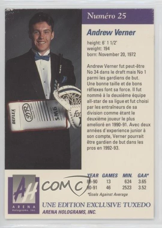 1991 Arena Draft Tuxedo Exclusive Premiere Edition Andrew Verner #25 Rookie RC - Image 2 of 2