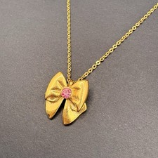 Vintage Avon Pink Crystal Bow Gold Tone Pendant Necklace 15" Dainty Feminine