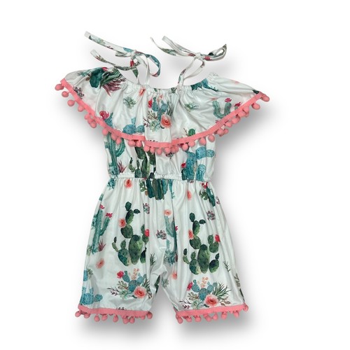 Girls Size 6/7 White Cactus Print Sleeveless Silky Romper with Pom Lined Ruffles - Picture 2 of 2