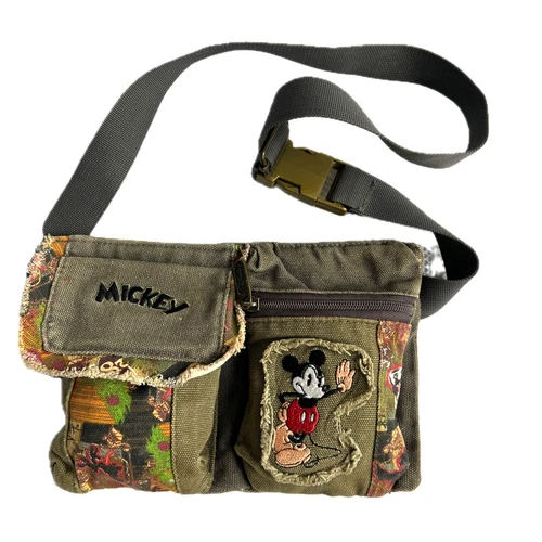 Disney Waist Bag Cotton Patchwork Mickey Back Zipper Travel RUZ