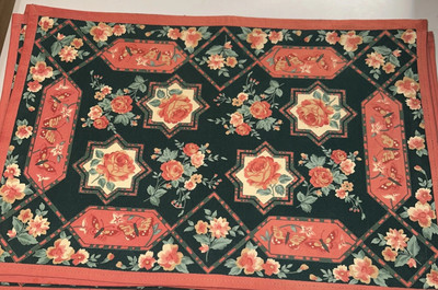 Set Of 8 Placemats Roses Butterfly Coral Dark Green Cotton