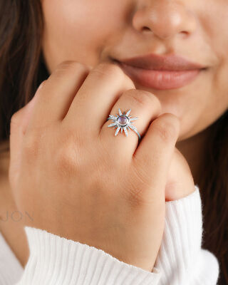 Ring 950 Platin natürlicher Diamant und Regenbogen Mondstein aufgehende Sonne - Liebe für immer 