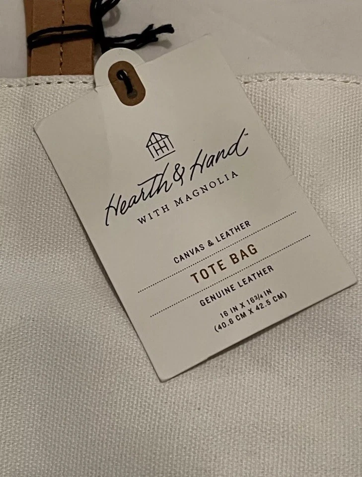 Magnolia Hearth &  Hand Leather Canvas Lined Purse Bag Tote Tan & White 16x163/4 - Image 2 of 4