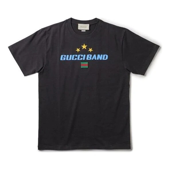 GUCCI Unisex Black Band Logo Short Sleeve Cotton T-Shirt L38251
