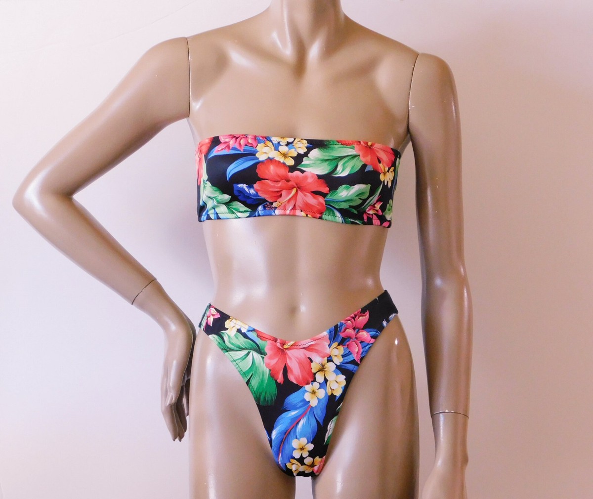 High Leg Brazilian Bikini Bottom and Strapless Bandeau Top in Tiger Lily  Print