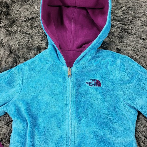 TNF The North Face Reversible Jacket Girls XS (6) Purple Blue Hooded Fleece Flaw - Picture 12 of 16