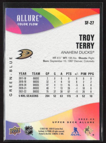 Troy Terry 2022-23 Oberdeck Allure Color Flow grün-blau #SF-27 Anaheim Enten - Bild 2 von 2