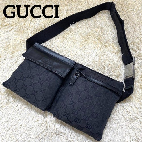 GUCCI GG Canvas Waist Pouch Shoulder Bum Bag Belt Bag Black Leather - 第 1/5 張圖片